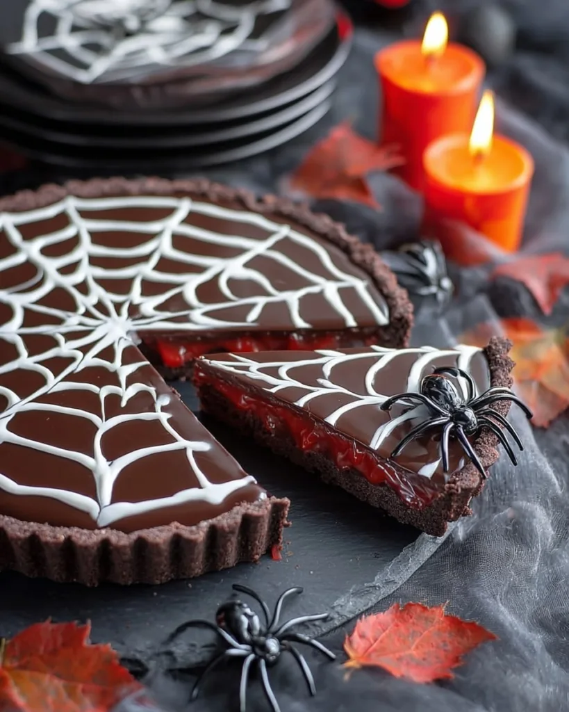 Serving a slice of spiderweb chocolate tart with caramel filling oozing out
