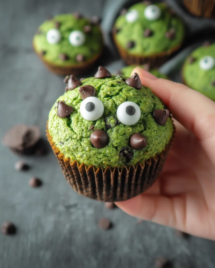 close up spinach monster muffin with candy eyes