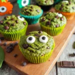 spinach monster muffins with candy eyes and chocolate chips