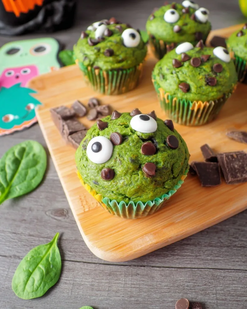 spinach monster muffins decorated with googly eyes