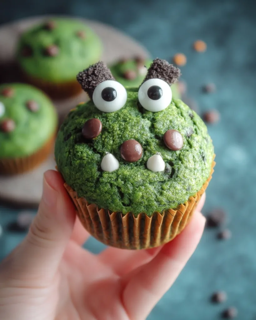 spooky spinach monster muffin with ears and teeth