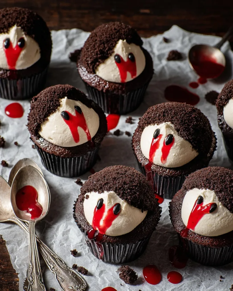 Chocolate vampire cupcakes with cream frosting and dripping red gel blood