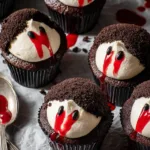 Close-up of spooky vampire cupcakes with cream frosting, chocolate crumbs, and red gel blood