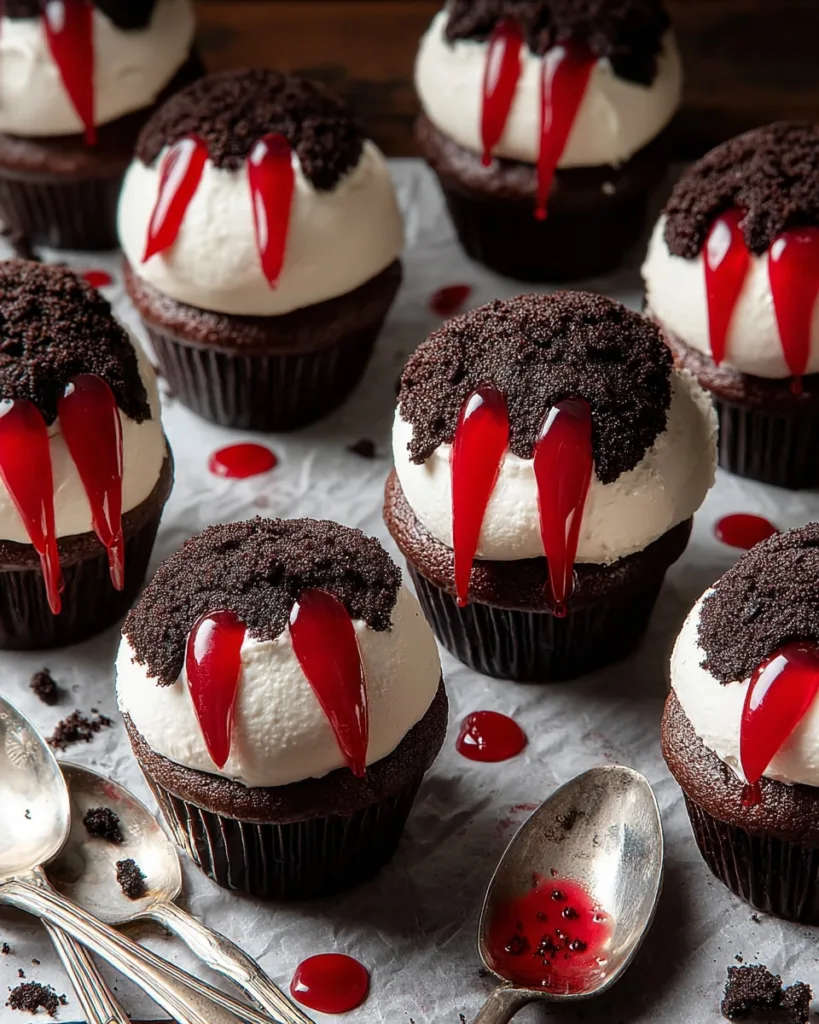 Vampire cupcakes step-by-step with white frosting and red gel fangs