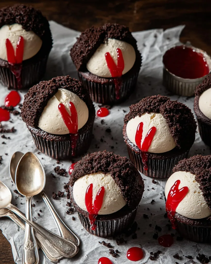 Frosted vampire cupcakes topped with Oreo crumbs and dripping red gel