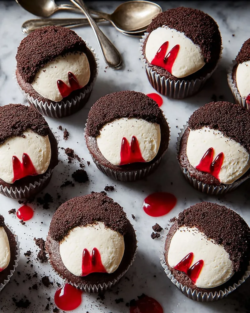 Overhead shot of vampire cupcakes with cream frosting and edible blood