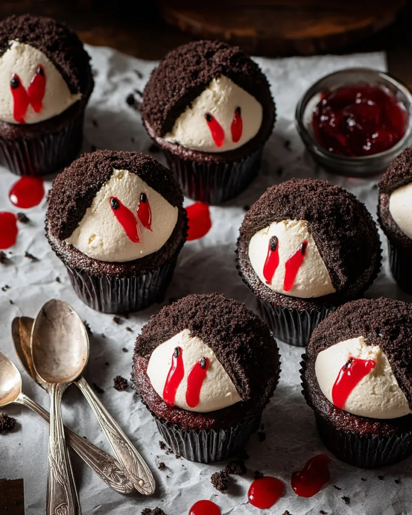 Homemade vampire cupcakes step-by-step with red gel fangs and crumbs