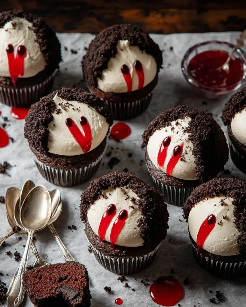 Halloween vampire cupcakes with frosting, Oreo crumbs, and red gel blood