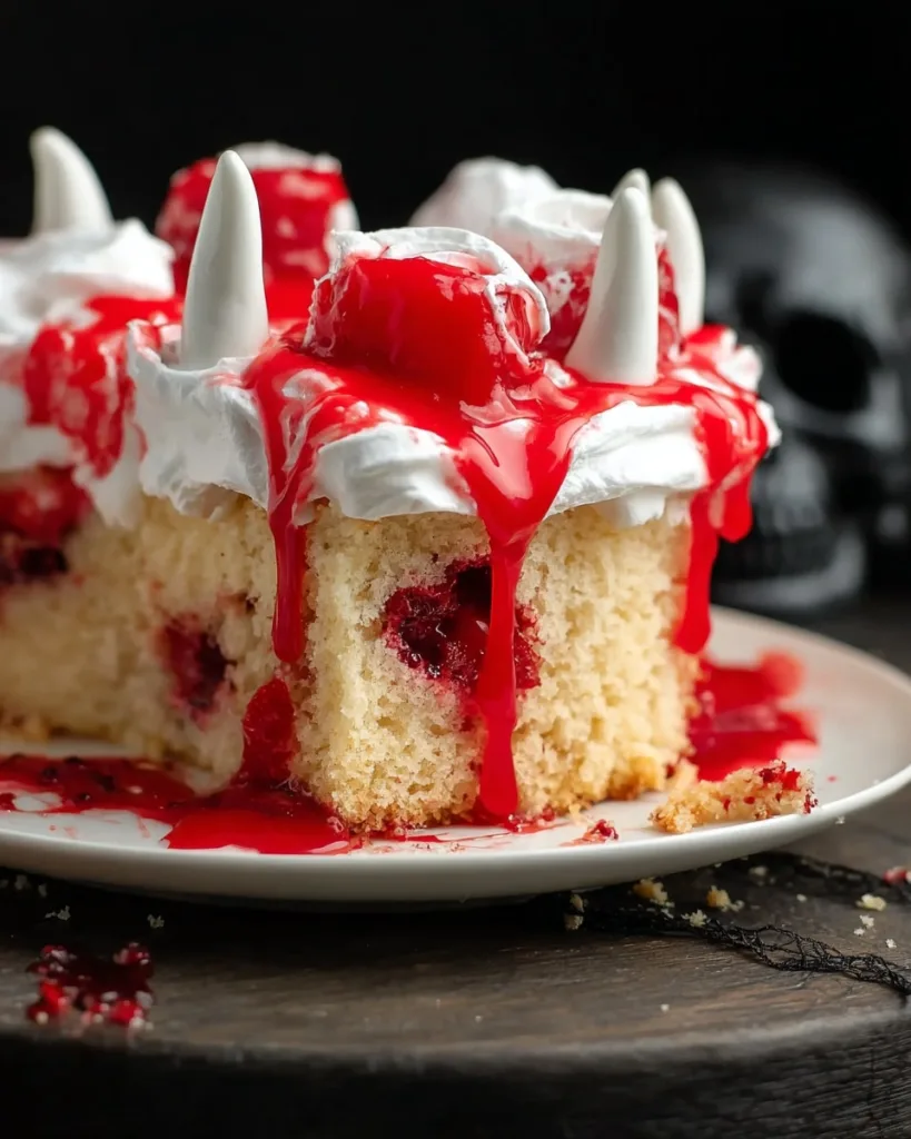 Vampire poke cake slice decorated with white chocolate fangs