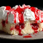 Vampire poke cake slice with whipped cream and cherry filling