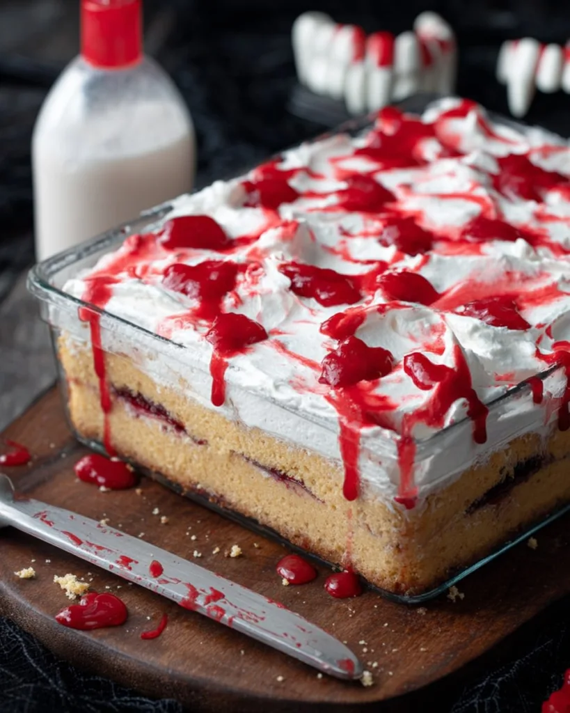 Vampire poke cake in glass baking dish topped with whipped cream and cherry sauce