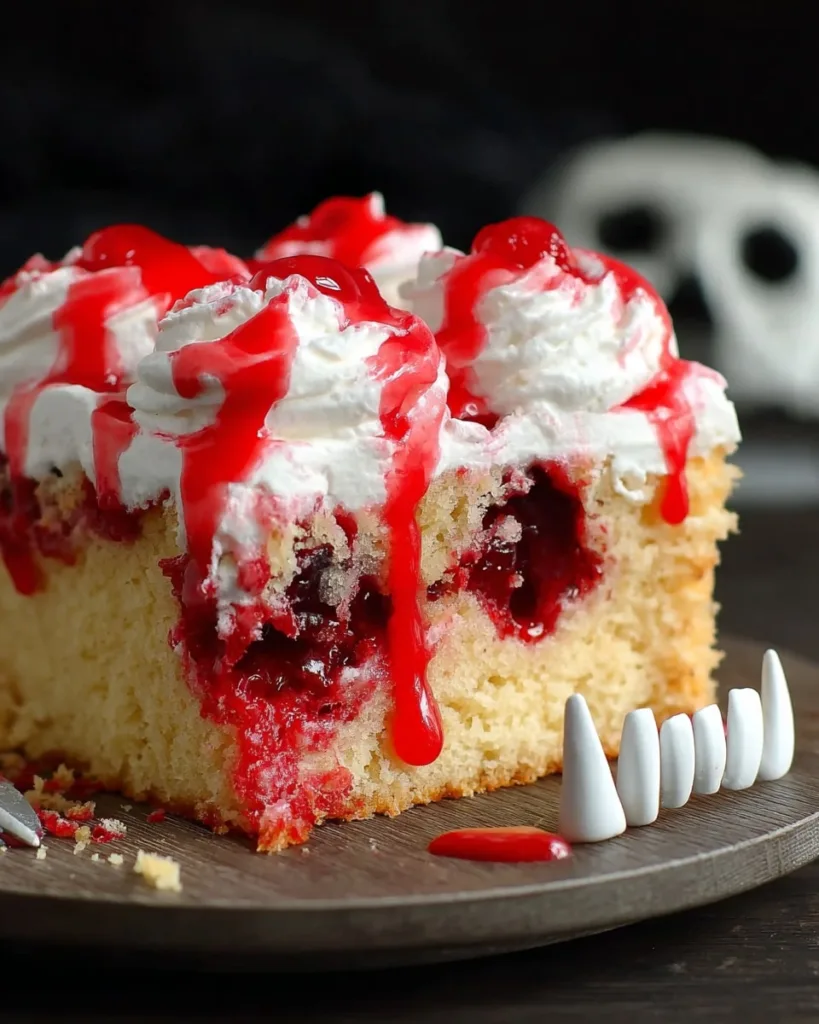 Vampire poke cake slice with whipped topping and cherry drizzle next to a skull decoration