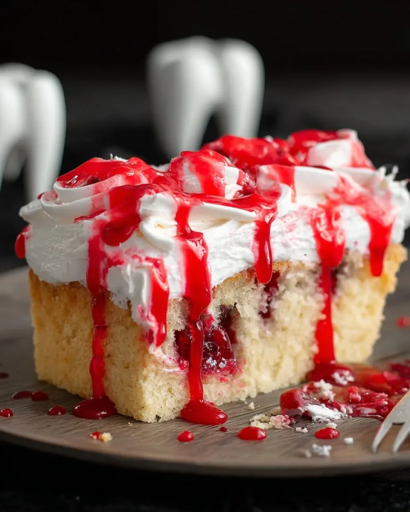 Vampire poke cake slice dripping with cherry sauce