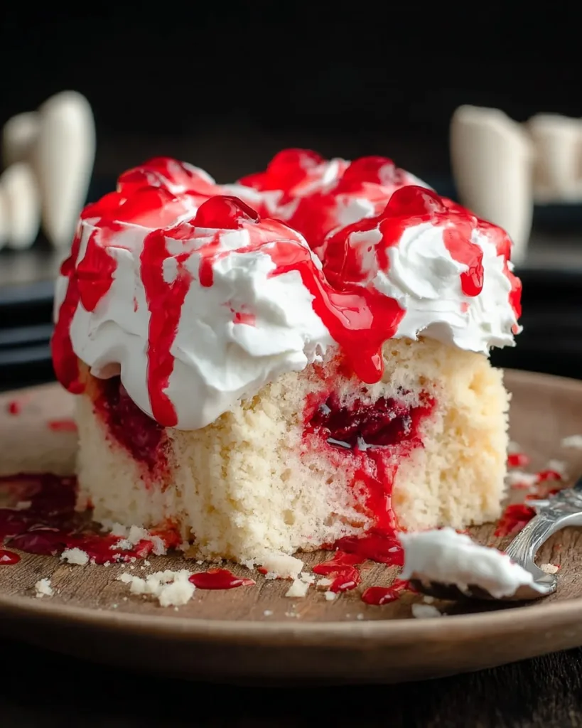 Vampire poke cake slice with vampire teeth prop beside it
