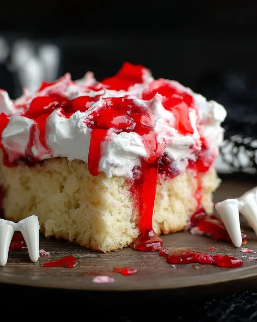 Vampire poke cake slice with a bite taken out and fork beside it