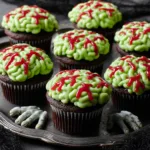 Zombie brain cupcakes decorated with green frosting and red gel for Halloween