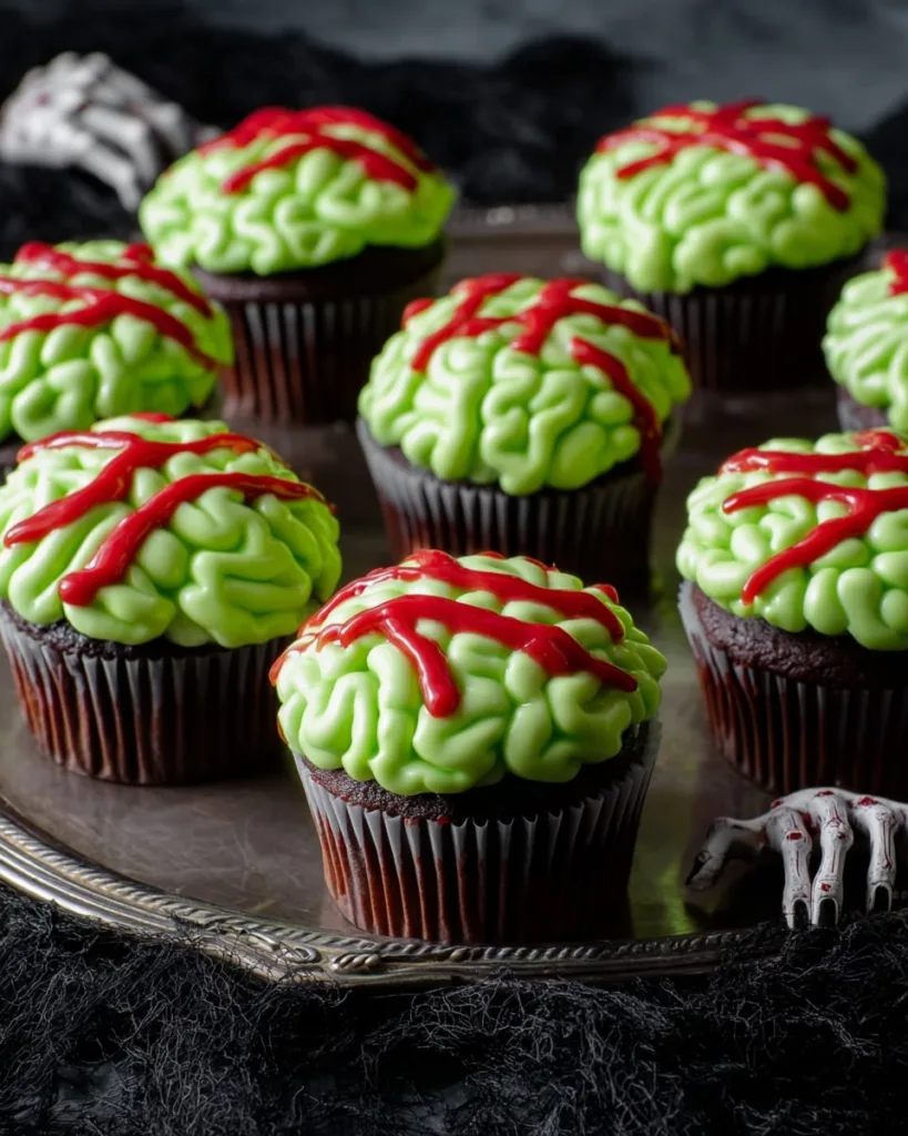 Step-by-step zombie brain cupcakes on a tray