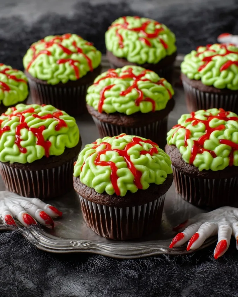 Zombie brain cupcakes on a Halloween tray