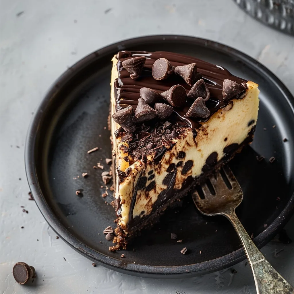 slice of Black Bottom Chocolate Chip Cheesecake