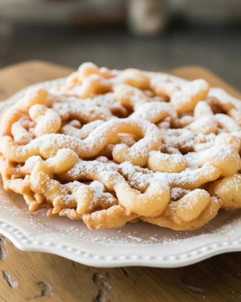 Easy funnel cake recipe shown on a white plate with powdered sugar