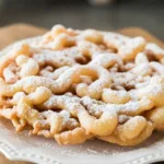 Homemade funnel cake recipe dusted with powdered sugar on a white plate