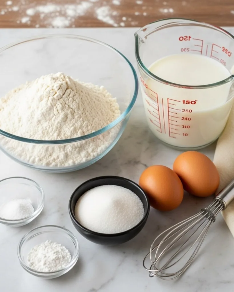 Ingredients for funnel cake recipe: flour, milk, eggs, sugar, salt, and baking powder.