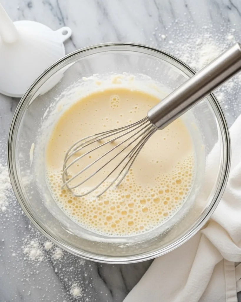 How to make funnel cake batter by whisking wet and dry ingredients in a glass bowl