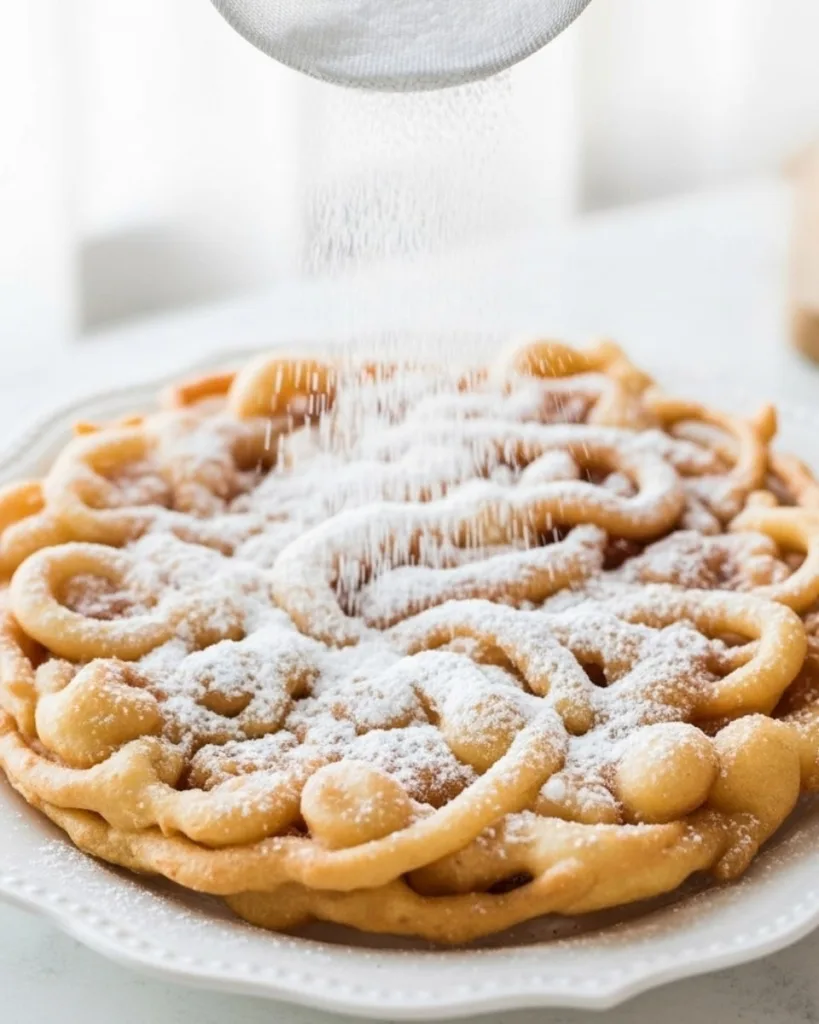 Dusting a freshly fried funnel cake with powdered sugar using a sifter