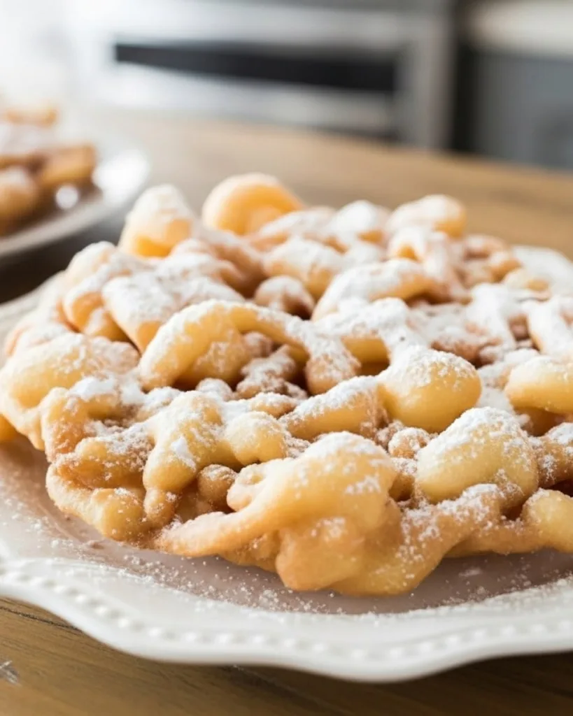 The best funnel cake recipe served on a white plate, showing its light and airy height