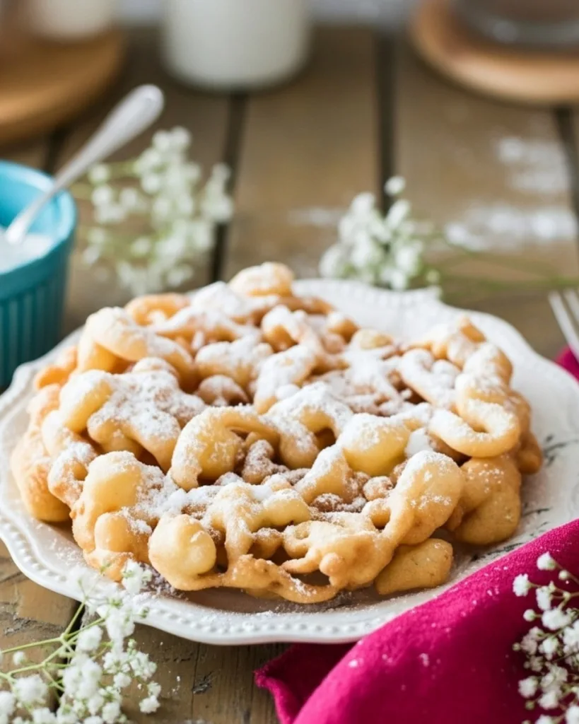 A styled photo of the finished funnel cake recipe on a rustic wooden table with flowers