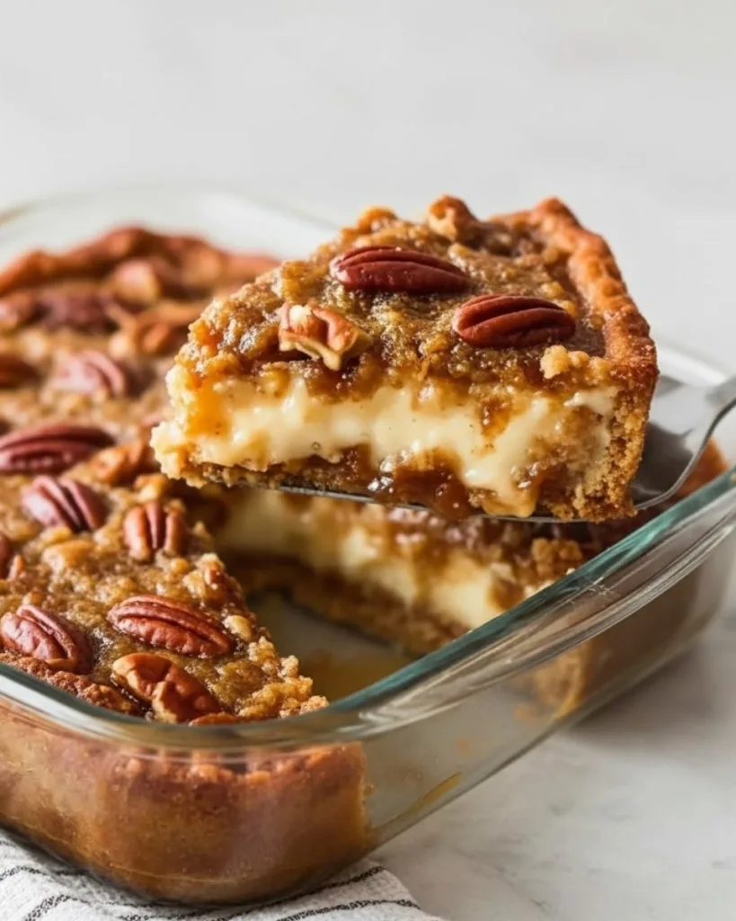 A slice of gooey pecan pie dump cake being lifted from a glass baking dish, showing the creamy filling and crumbly topping.
