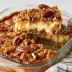 Slice of pecan pie dump cake topped with vanilla ice cream and caramel sauce on white plate