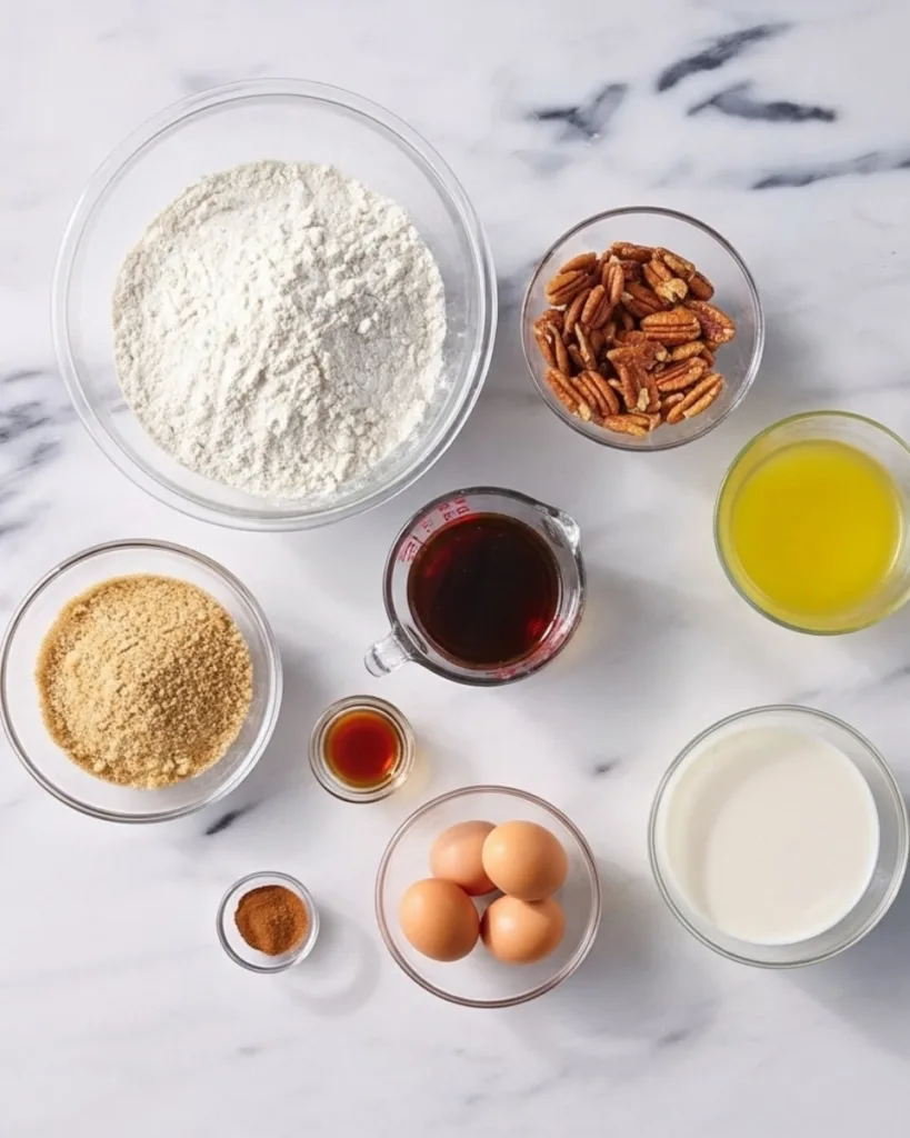 Ingredients for pecan pie dump cake measured in glass bowls on a marble surface, including cake mix, pecans, and corn syrup.