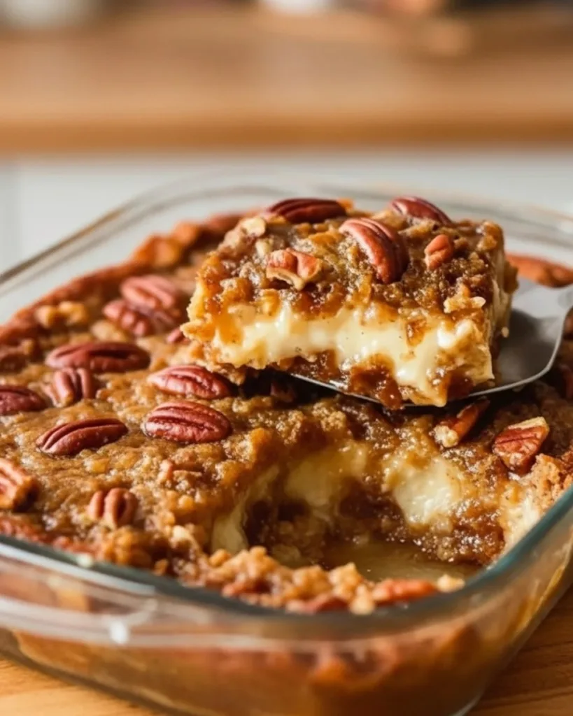 Pecan pie dump cake close up showing caramel filling and cake texture