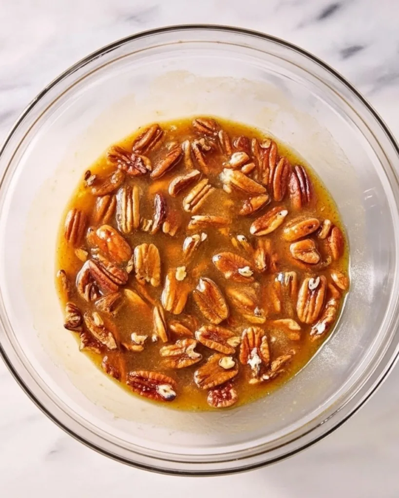 Pecan halves being stirred into the wet filling mixture for pecan pie dump cake in a large glass bowl.