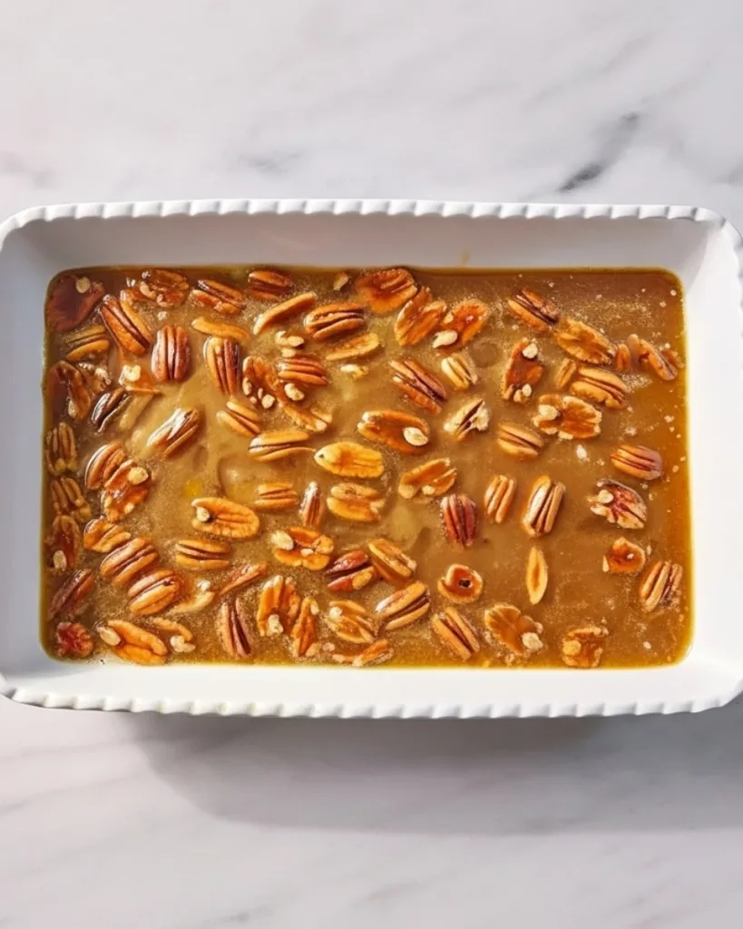 The pecan and corn syrup filling mixture poured evenly into the bottom of a white ceramic baking dish before adding the cake mix.
