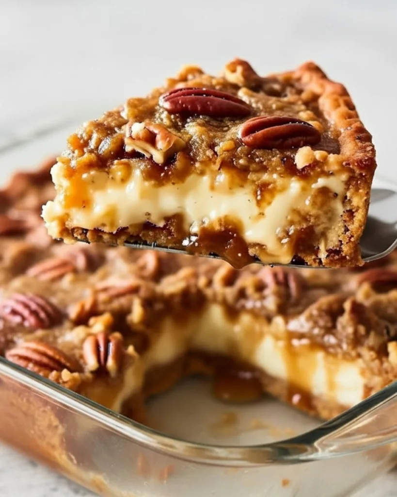 Single slice of pecan pie dump cake on white plate with fork
