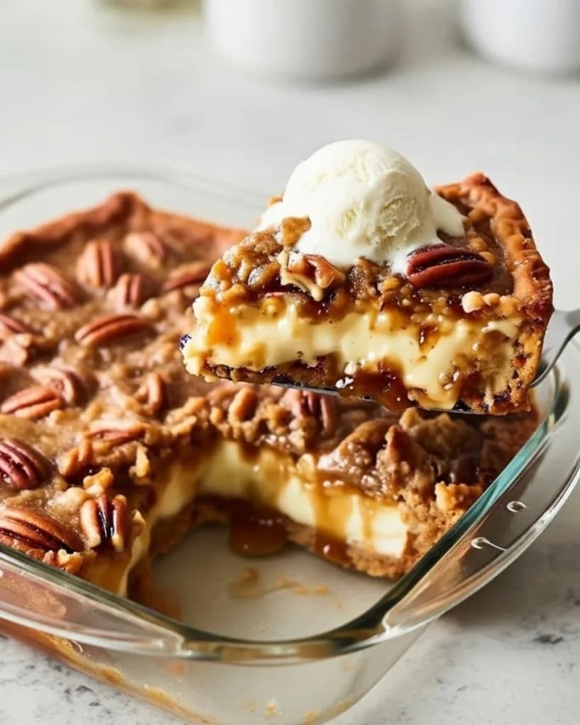 Freshly baked pecan pie dump cake in glass baking dish with golden topping