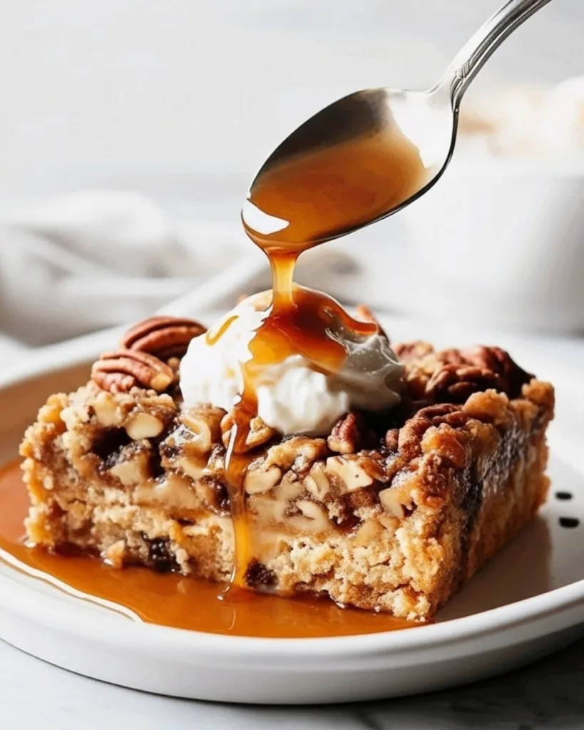 A perfect slice of pecan pie dump cake on a white plate, topped with whipped cream and a luscious drizzle of caramel sauce.