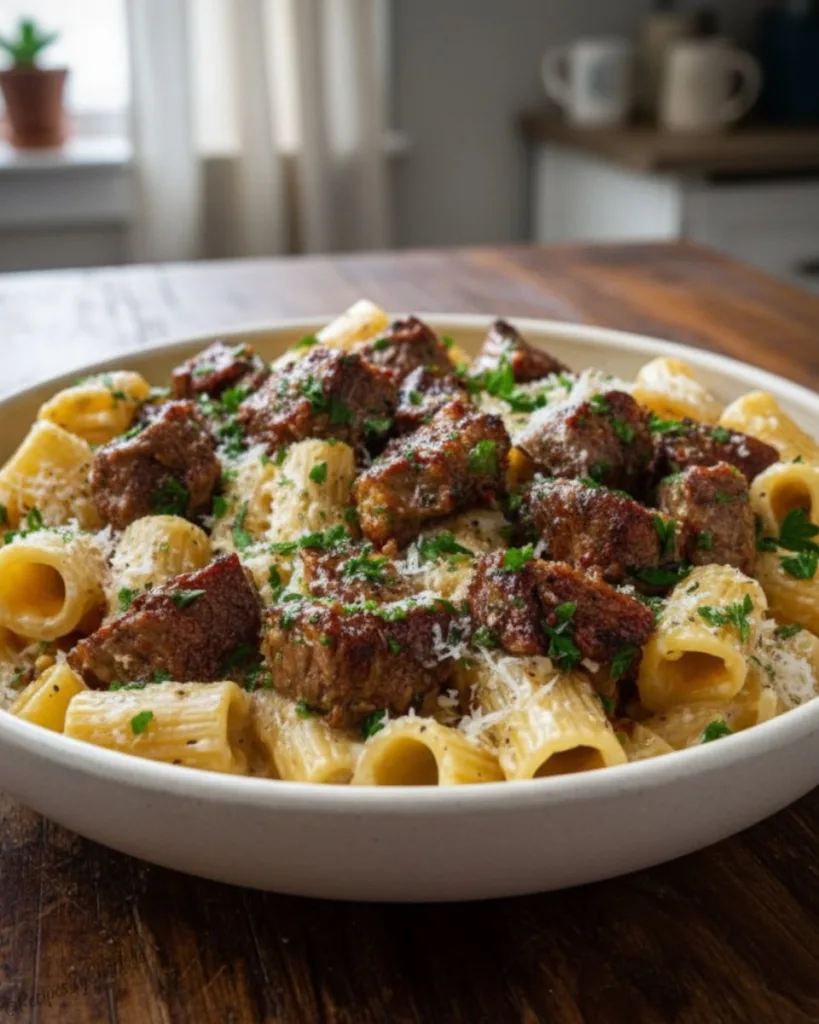 Cajun Steak Tips in Cheesy Rigatoni Parmesan Sauce 1