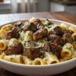 Cajun Steak Tips in Cheesy Rigatoni Parmesan Sauce Recipe