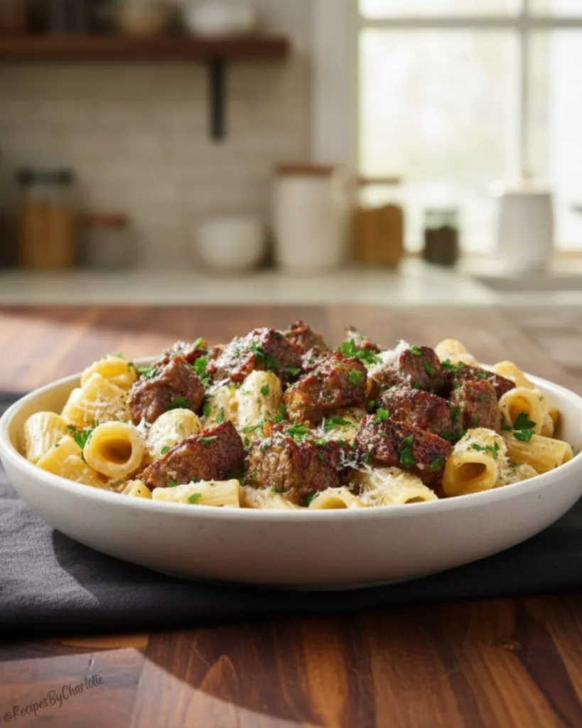 Cajun Steak Tips in Cheesy Rigatoni Parmesan Sauce 4