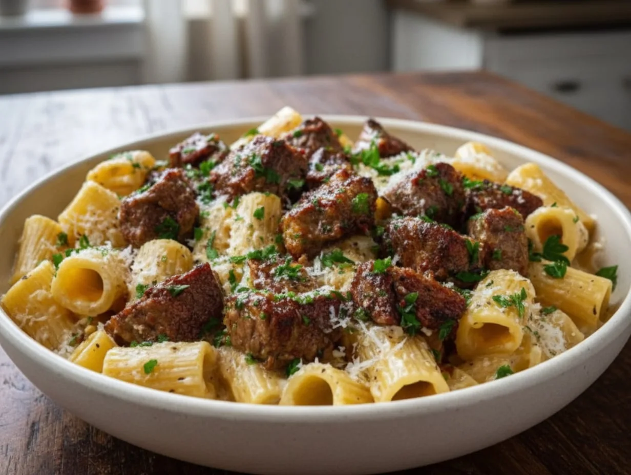 Cajun Steak Tips in Cheesy Rigatoni Parmesan Sauce